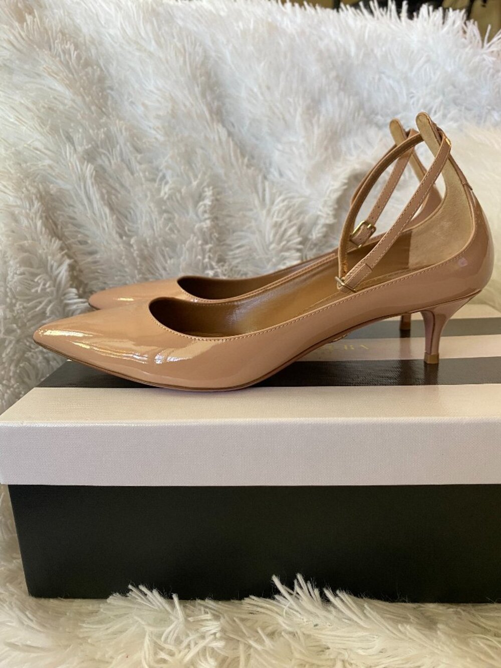 AQUAZZURA Kisha Pump Patent Leather Powder Pink Kitten Heel Shoes Size 38, 7.5